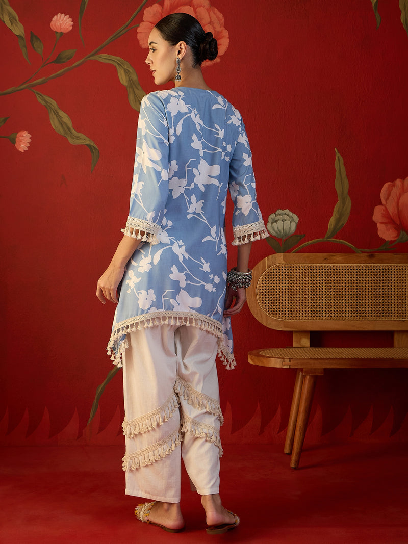 Floral Printed & Lace Work Tunic With Trouser Co-Ords Set