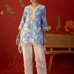 Floral Printed & Lace Work Tunic With Trouser Co-Ords Set