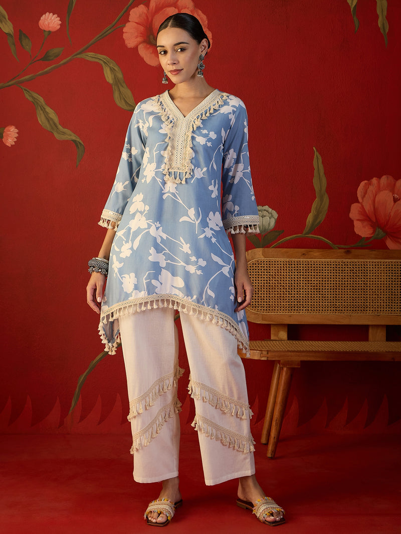Floral Printed & Lace Work Tunic With Trouser Co-Ords Set