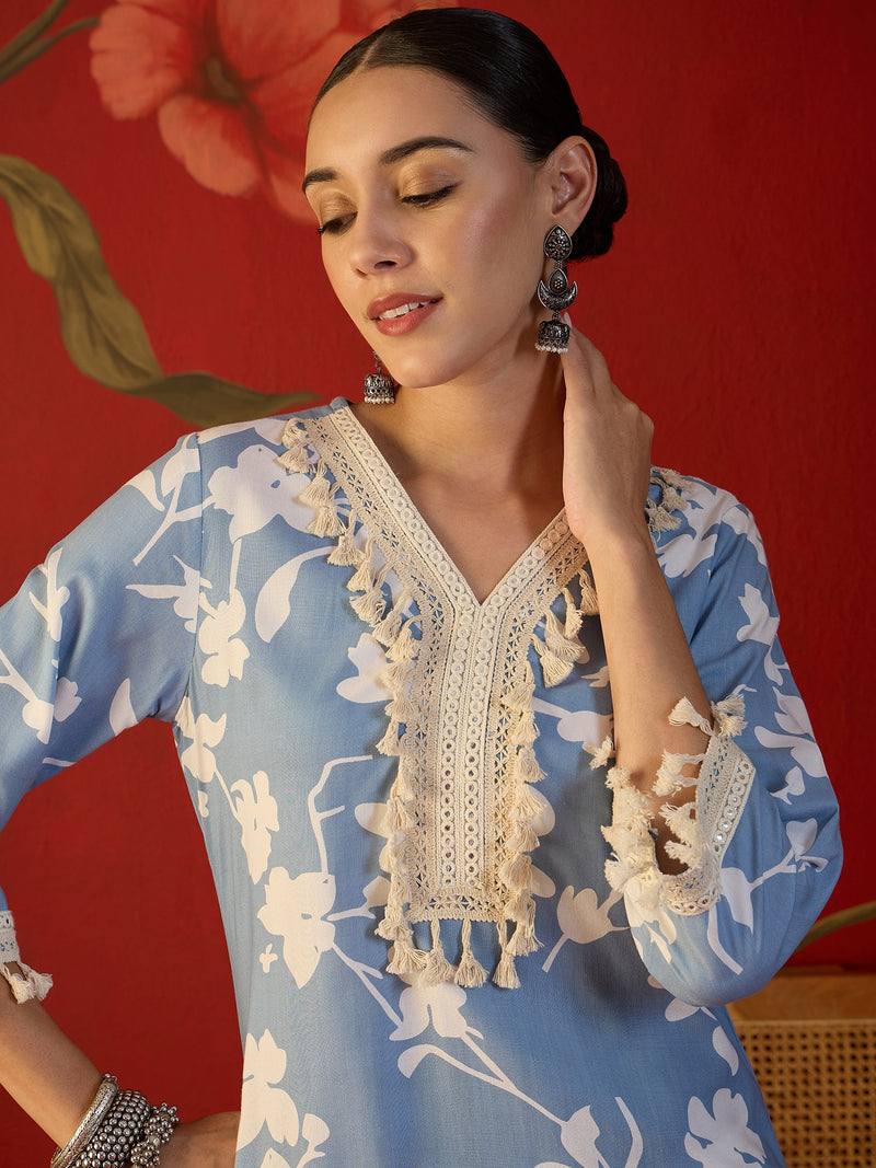 Floral Printed & Lace Work Tunic With Trouser Co-Ords Set
