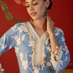 Floral Printed & Lace Work Tunic With Trouser Co-Ords Set