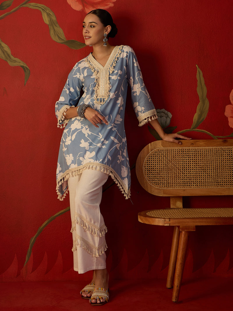 Floral Printed & Lace Work Tunic With Trouser Co-Ords Set