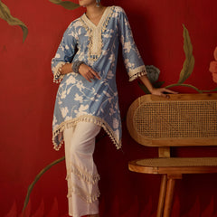 Floral Printed & Lace Work Tunic With Trouser Co-Ords Set