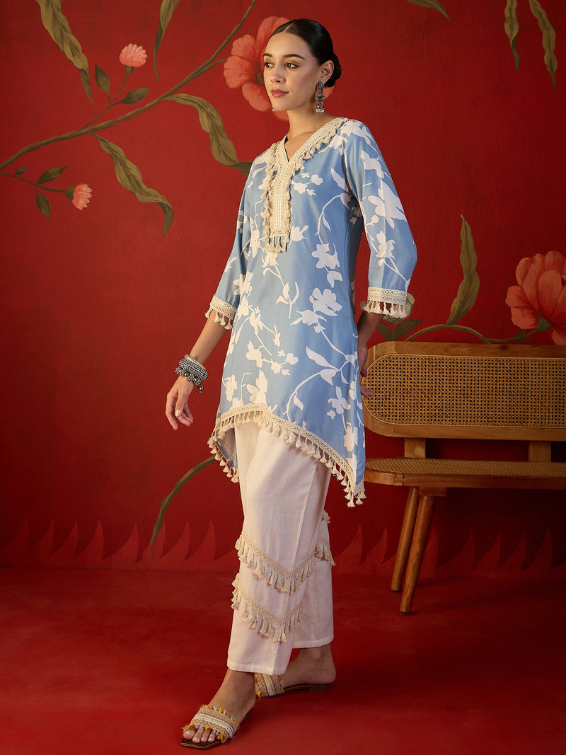 Floral Printed & Lace Work Tunic With Trouser Co-Ords Set