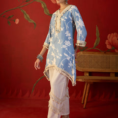Floral Printed & Lace Work Tunic With Trouser Co-Ords Set