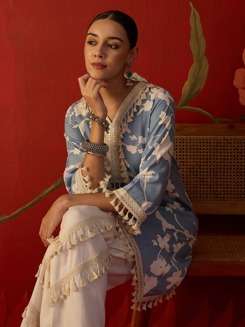 Floral Printed & Lace Work Tunic With Trouser Co-Ords Set