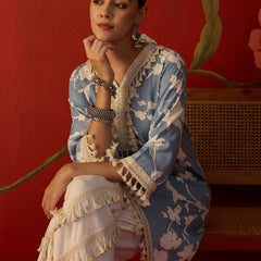 Floral Printed & Lace Work Tunic With Trouser Co-Ords Set