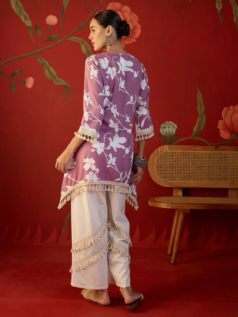 Floral Printed & Lace Work Tunic With Trouser Co-Ords Set