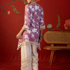 Floral Printed & Lace Work Tunic With Trouser Co-Ords Set