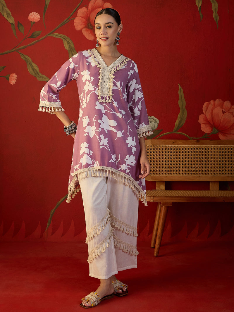 Floral Printed & Lace Work Tunic With Trouser Co-Ords Set