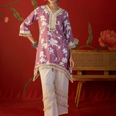 Floral Printed & Lace Work Tunic With Trouser Co-Ords Set