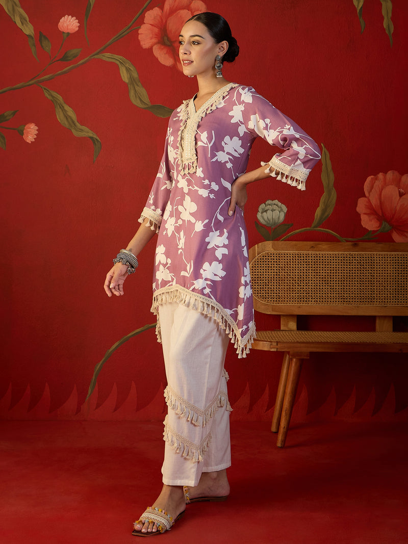 Floral Printed & Lace Work Tunic With Trouser Co-Ords Set