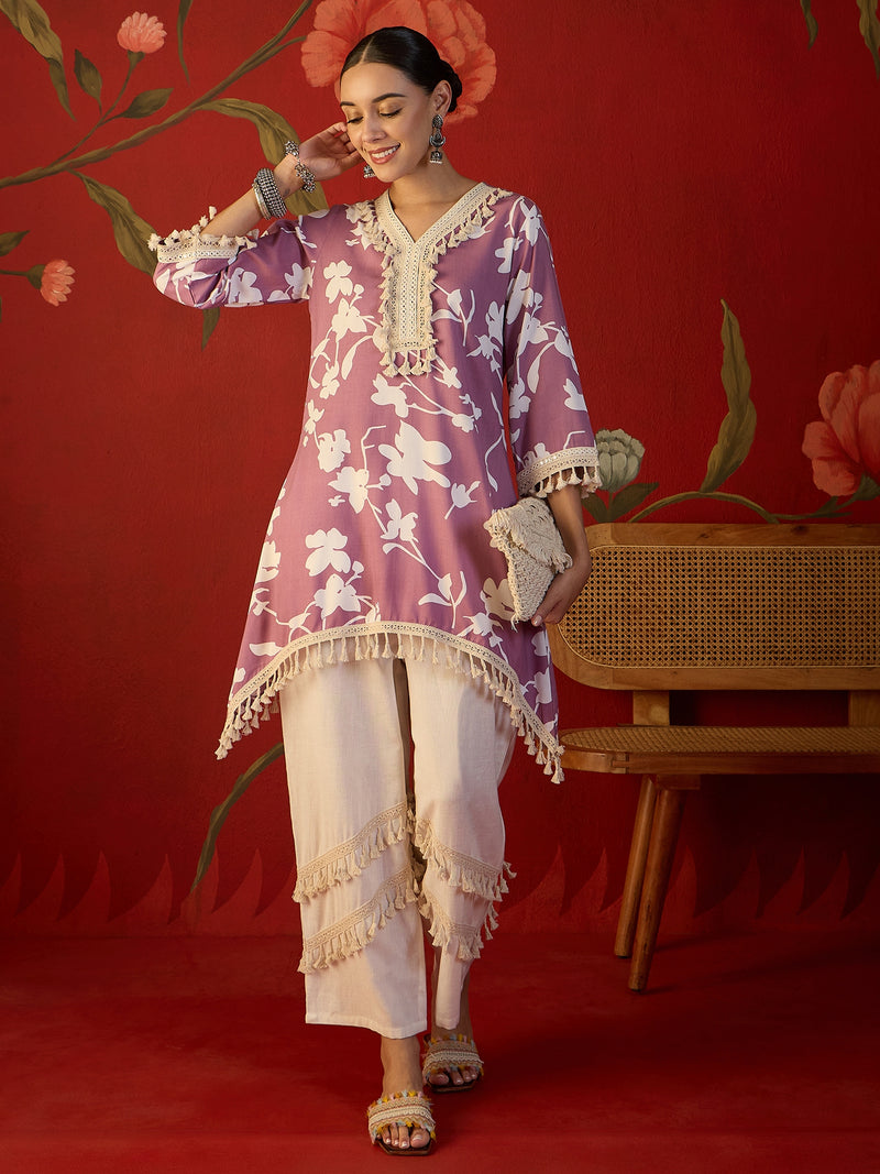 Floral Printed & Lace Work Tunic With Trouser Co-Ords Set