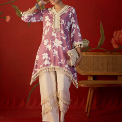Floral Printed & Lace Work Tunic With Trouser Co-Ords Set