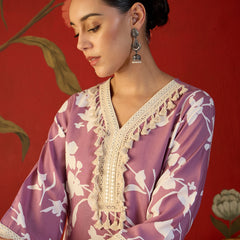 Floral Printed & Lace Work Tunic With Trouser Co-Ords Set