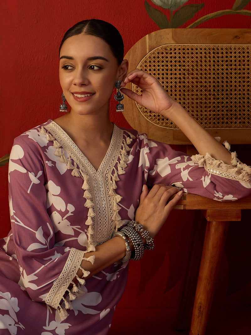 Floral Printed & Lace Work Tunic With Trouser Co-Ords Set