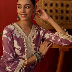 Floral Printed & Lace Work Tunic With Trouser Co-Ords Set