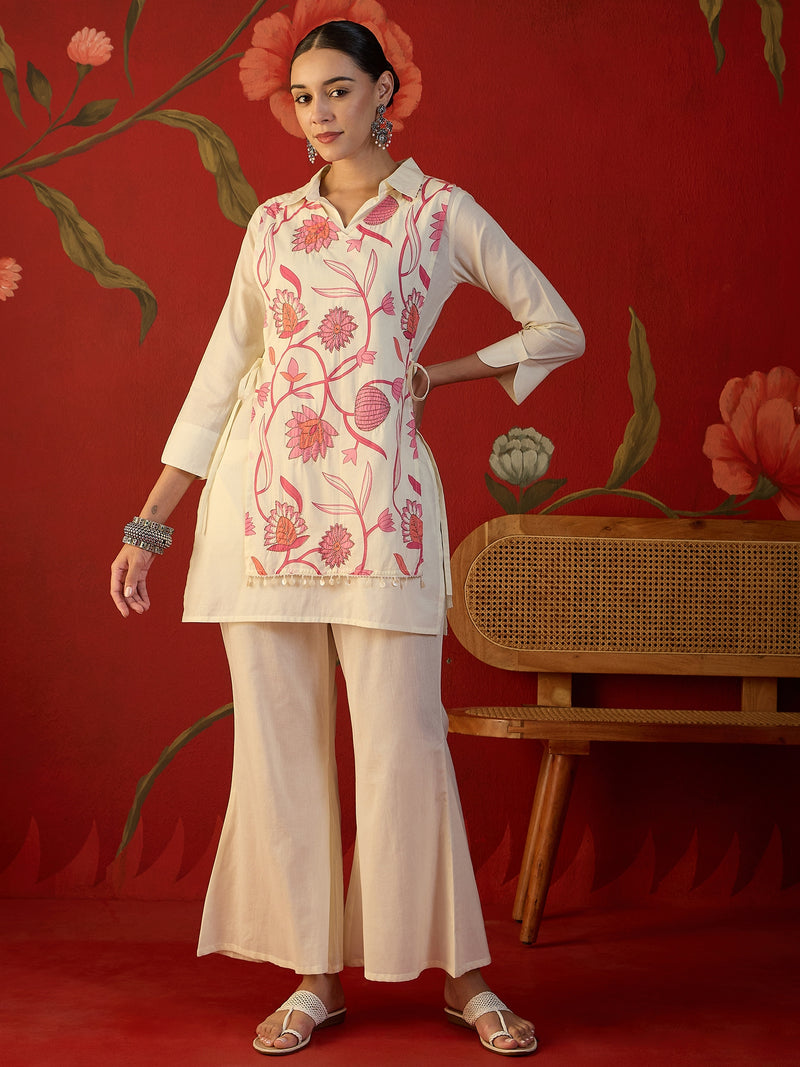 Floral Printed Jacket With Tunic & Trouser Co-Ords Set