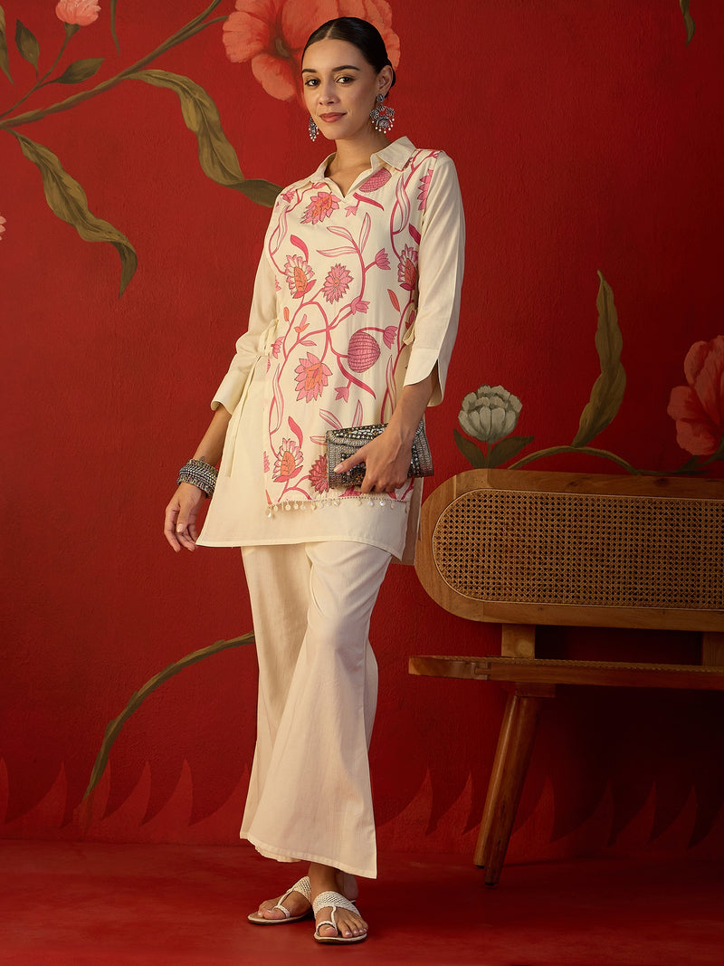 Floral Printed Jacket With Tunic & Trouser Co-Ords Set