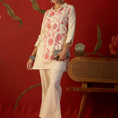 Floral Printed Jacket With Tunic & Trouser Co-Ords Set