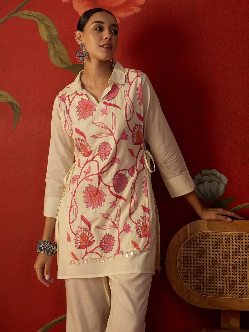 Floral Printed Jacket With Tunic & Trouser Co-Ords Set