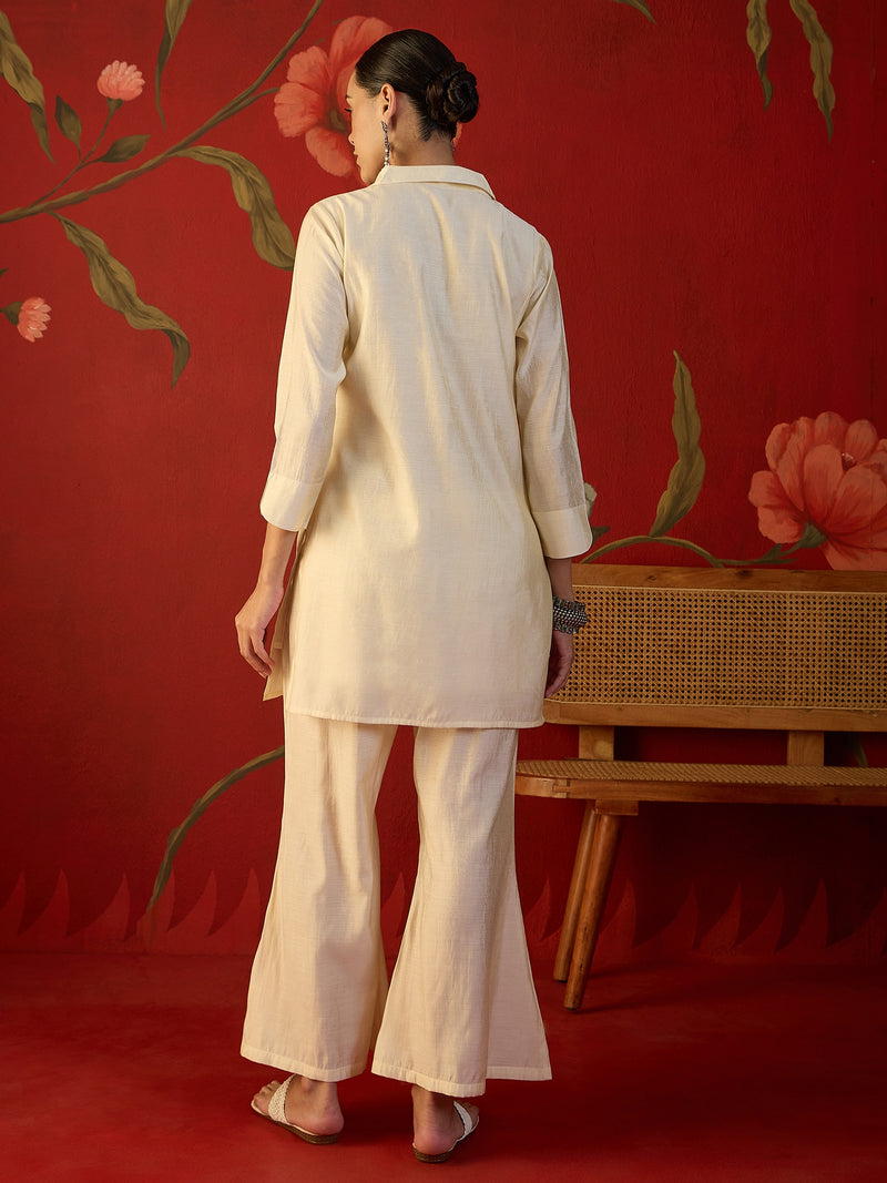 Off White Floral Embroidered & Mirror Work Tunic With Jacket And Trouser Co-Ords Set