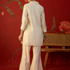Off White Floral Embroidered & Mirror Work Tunic With Jacket And Trouser Co-Ords Set