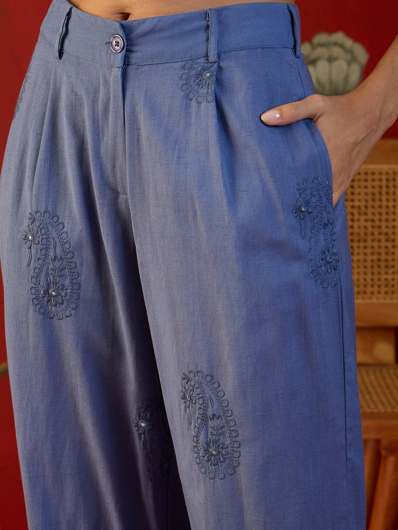 Blue Embroidered Crop Top With Palazzo Co-Ords Set