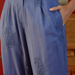 Blue Embroidered Crop Top With Palazzo Co-Ords Set