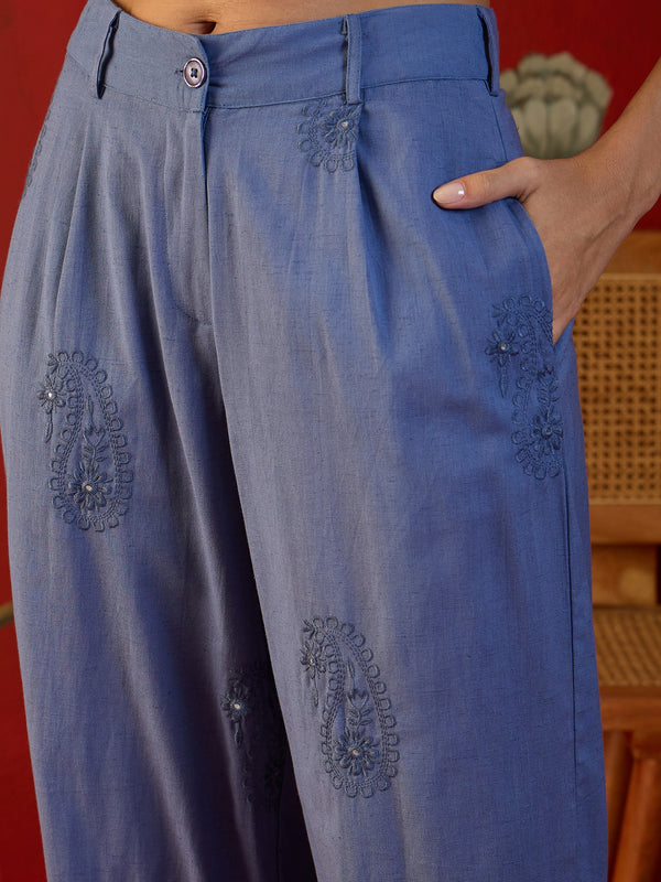 Blue Embroidered Crop Top With Palazzo Co-Ords Set