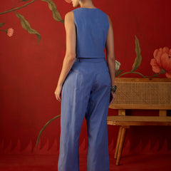Blue Embroidered Crop Top With Palazzo Co-Ords Set