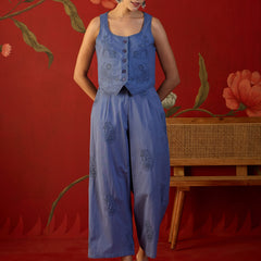 Blue Embroidered Crop Top With Palazzo Co-Ords Set
