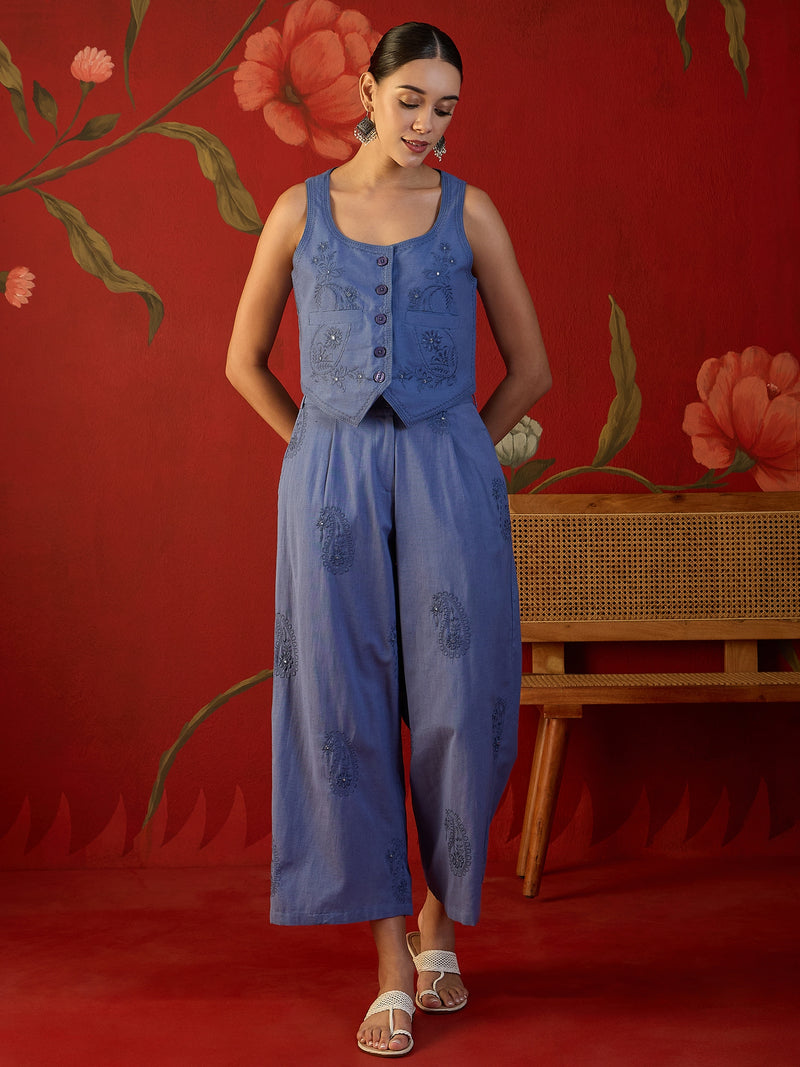 Blue Embroidered Crop Top With Palazzo Co-Ords Set