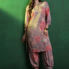 Floral Printed Shirt Collar Mirror Work Pathani Kurta & Trousers