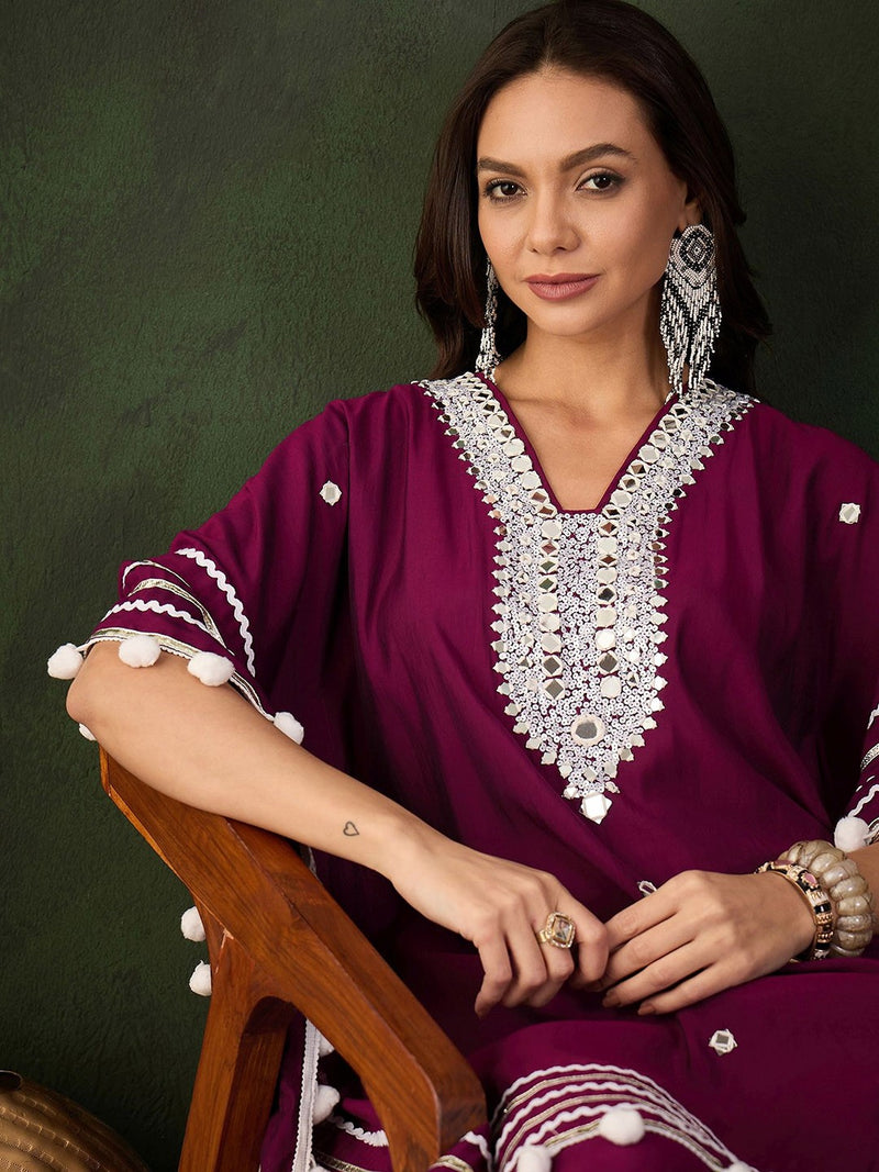 Purple Geometric Embroidered Mirror Work Roman Silk Kurta With Trouser