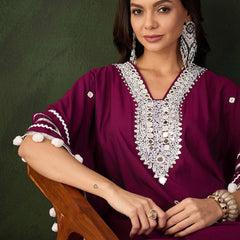 Purple Geometric Embroidered Mirror Work Roman Silk Kurta With Trouser