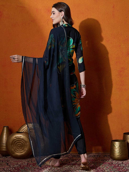 Floral Embroidered Sequinned Kurta With Trouser And Dupatta