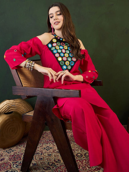 Embroidered Kurta, Palazzo With Bag Kurta Set