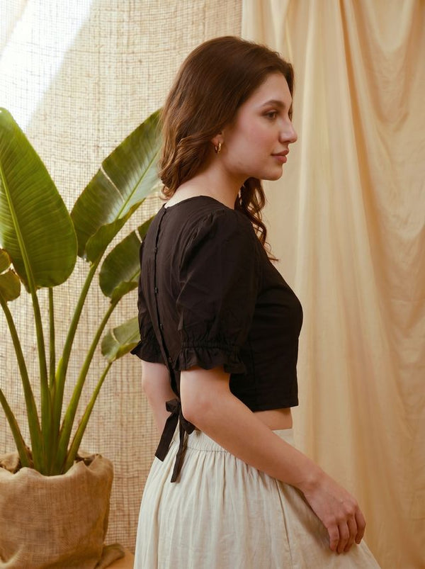 Black Solid Puff Sleeve Top