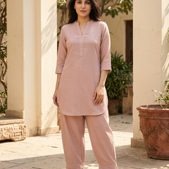 Beige Mandarin Collar Pure Cotton Tunic With Trousers Kurta Set