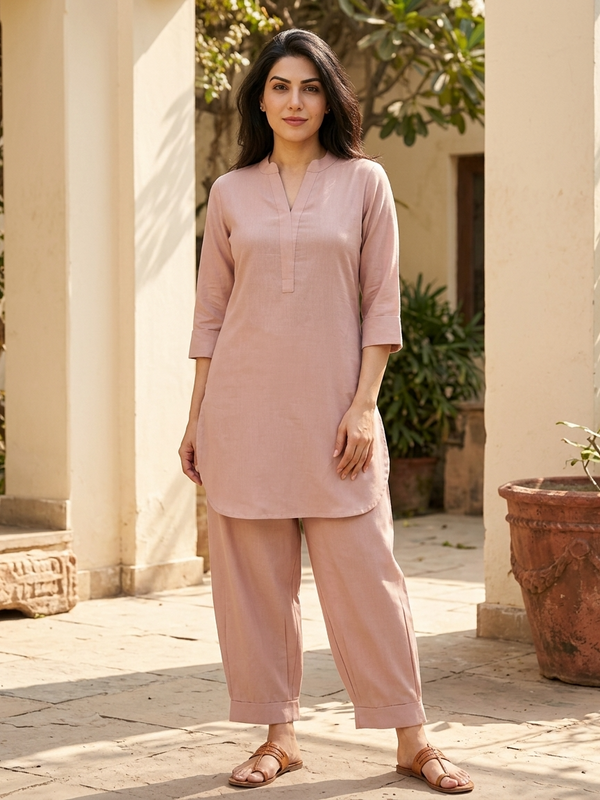Beige Mandarin Collar Pure Cotton Tunic With Trousers Kurta Set