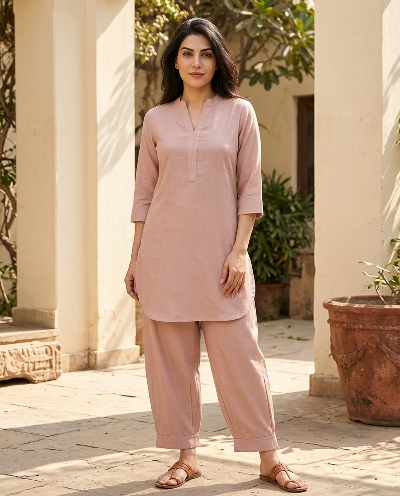 Coral Mandarin Collar Pure Cotton Tunic With Trousers Kurta Set