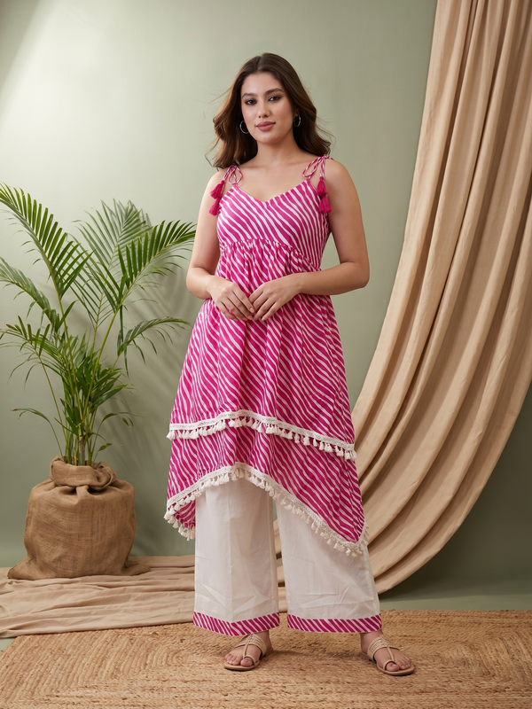 Pink Lahriya Print Shoulder Straps A-Line Kurta With Palazzo Kurta Set