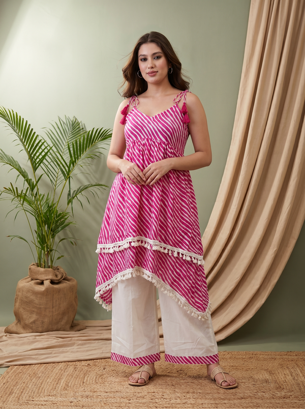 Pink Lahriya Print Shoulder Straps A-Line Kurta With Palazzo Kurta Set
