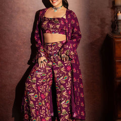 Floral Printed Shoulder Straps Top With Palazzo & Shrug