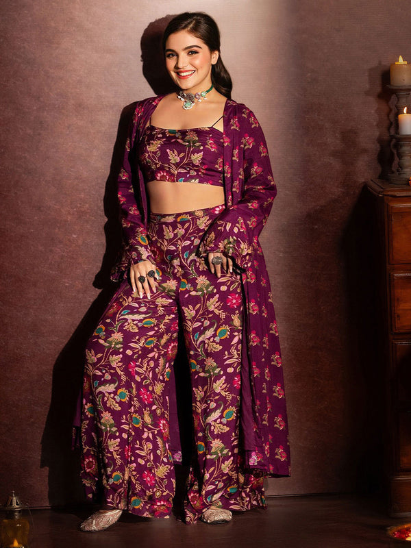 Floral Printed Shoulder Straps Top With Palazzo & Shrug