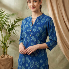 Indigo Blue Ethnic Motif Print Straight Short Kurtis