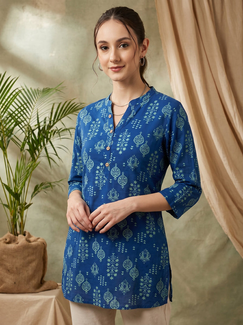 Indigo Blue Ethnic Motif Print Straight Short Kurtis
