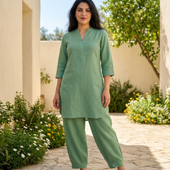 Beige Mandarin Collar Pure Cotton Tunic With Trousers Kurta Set