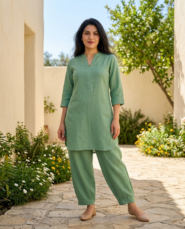 Mint Green Mandarin Collar Pure Cotton Tunic With Trousers Kurta Set